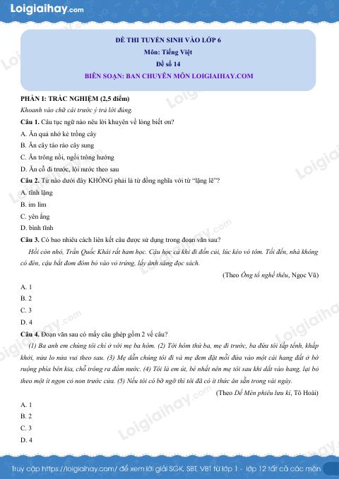 Đề thi thử vào lớp 6 môn Tiếng Việt - Đề số 14 có đáp án
